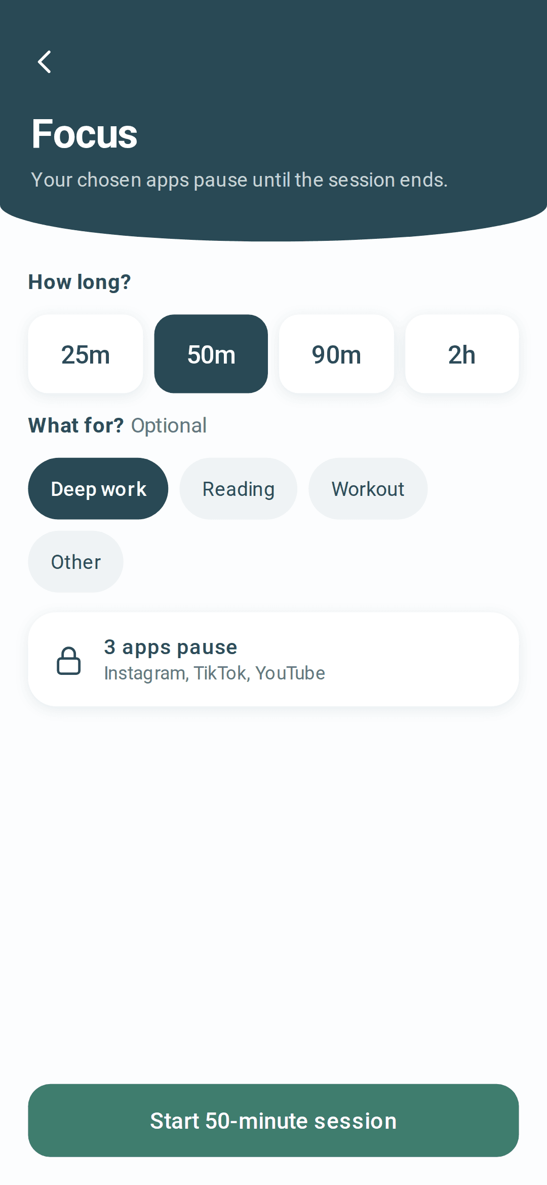 Starting a focus session: choosing how long, what it is for, and which apps pause