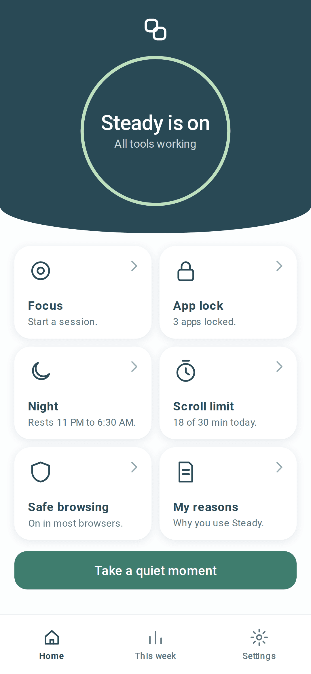 SteadyPact home screen with a status ring above cards for Focus, App lock, Night, Scroll limit, Safe browsing and My reasons